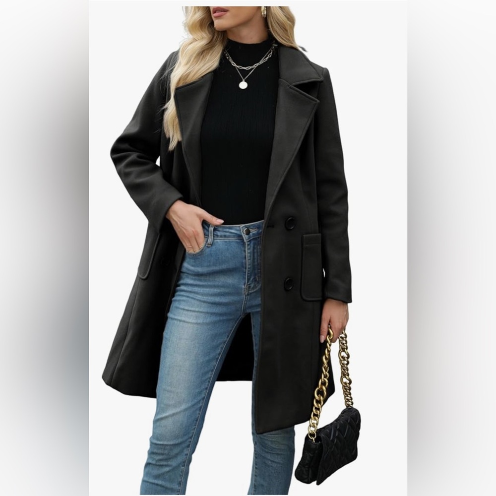 Winter wool blend mid length coat double breasted lapel jacket pea coat
